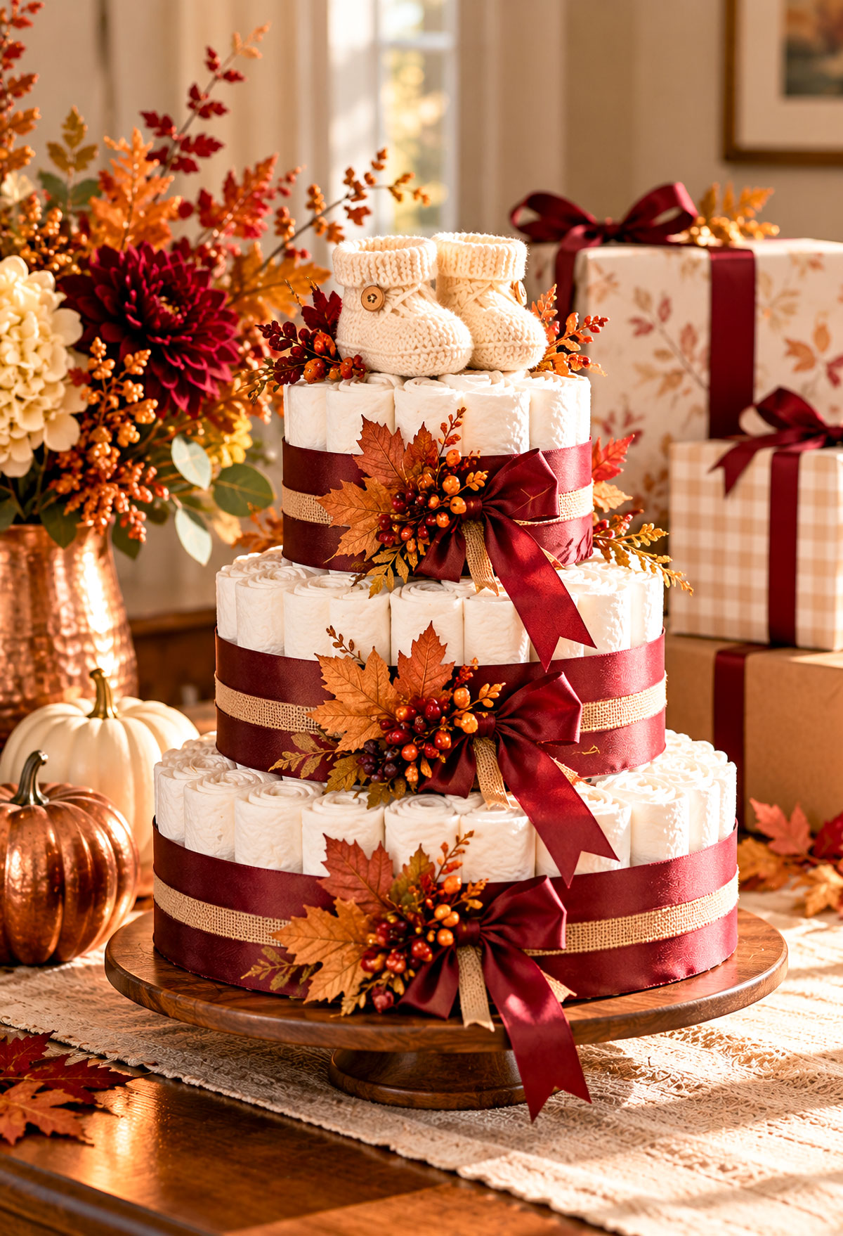 Three-tier Thanksgiving baby shower diaper cake decorated with burgundy ribbon, autumn leaves, berry sprigs and knitted baby booties