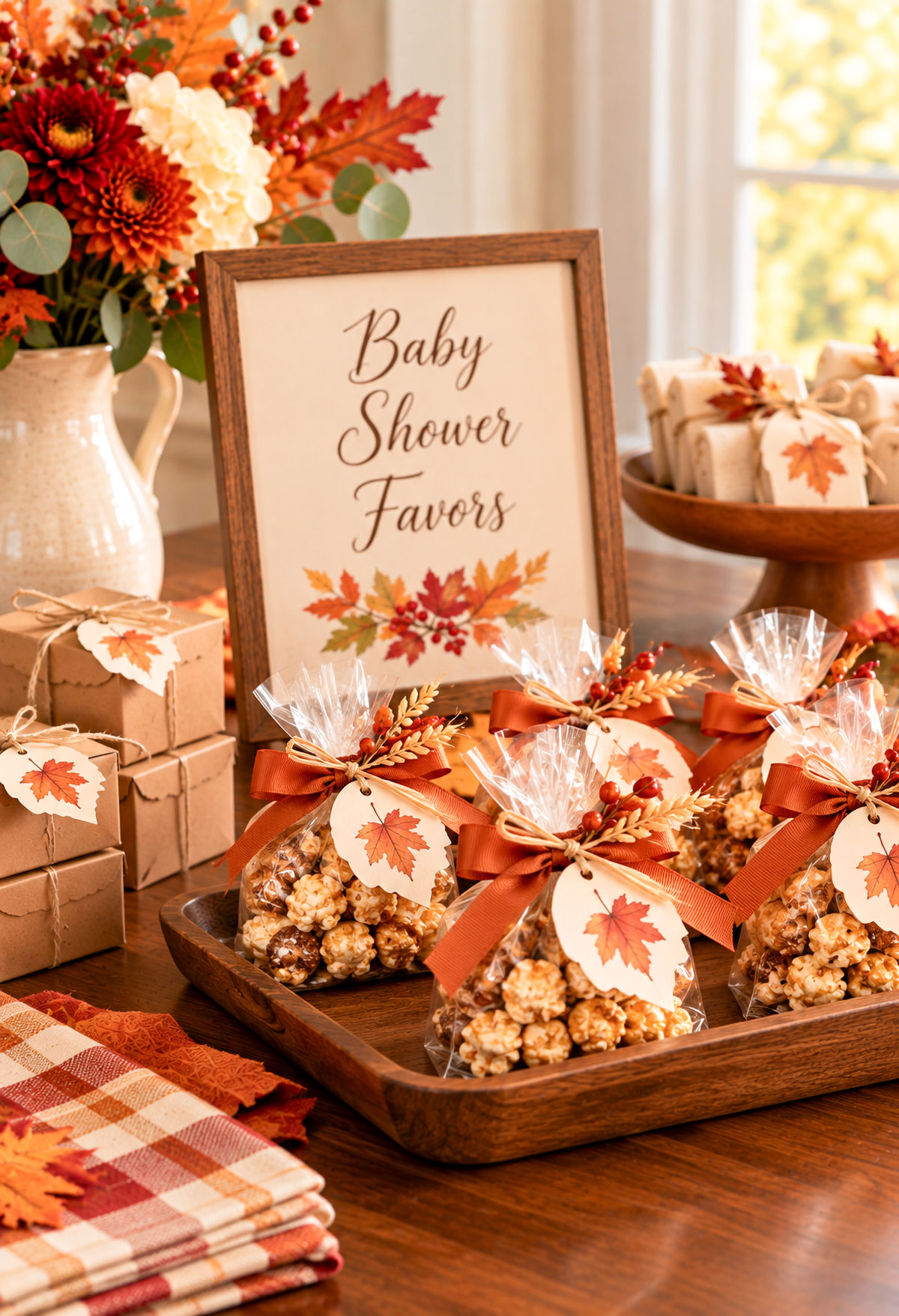 Thanksgiving baby shower favors with small jars of apple butter, autumn-print fabric covers, twine bows and thank-you tags in a woven basket
