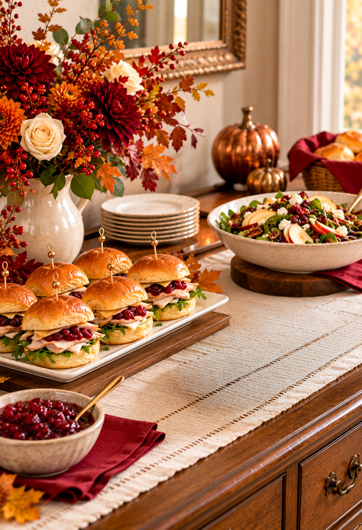 Thanksgiving baby shower buffet with turkey cranberry rolls, individual stuffing cups, roasted vegetables and a seasonal fruit platter on an elegant ivory-lined sideboard
