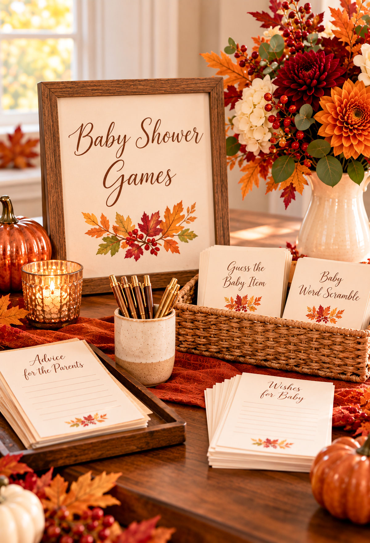 Thanksgiving baby shower games table with framed sign, baby word scramble cards, wishes for baby cards, gold pens and autumn flowers