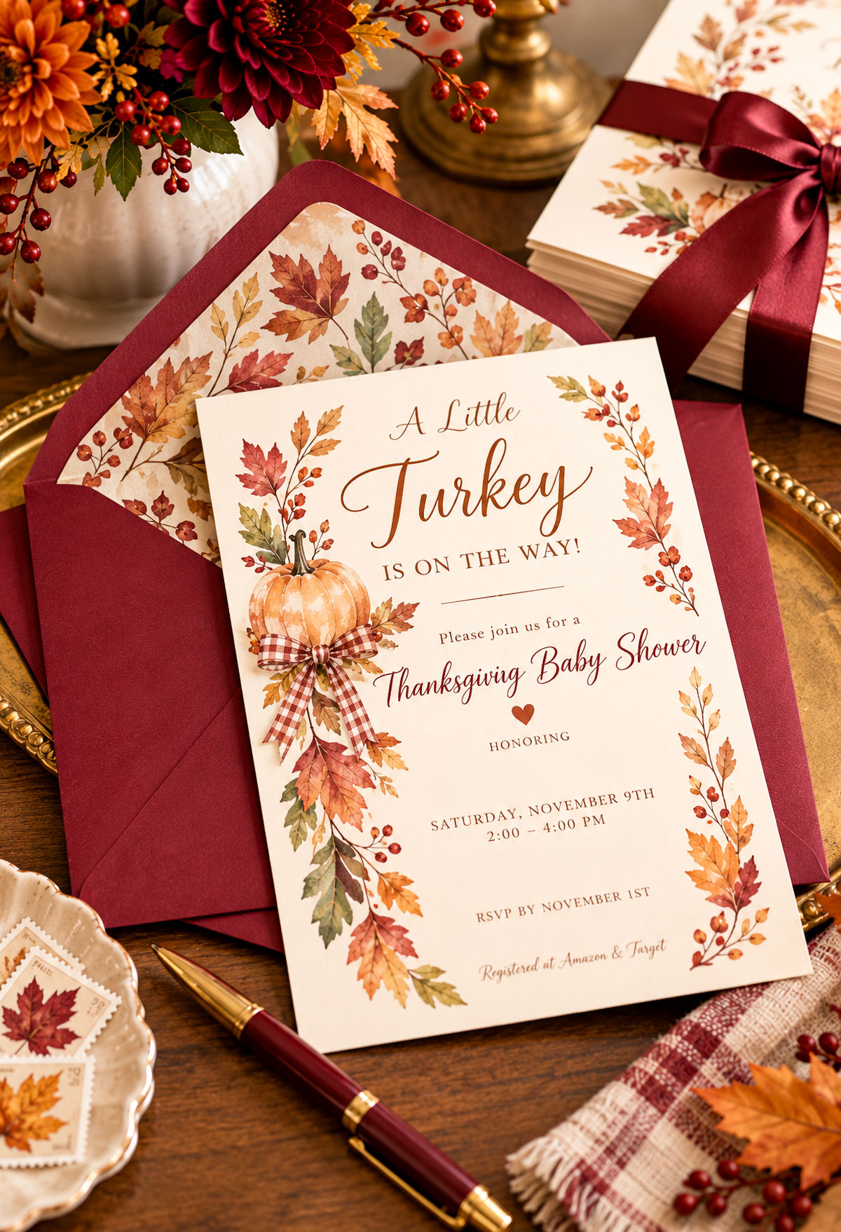 Elegant ivory Thanksgiving baby shower invitation with delicate copper autumn leaves and burgundy envelope on a wooden writing desk