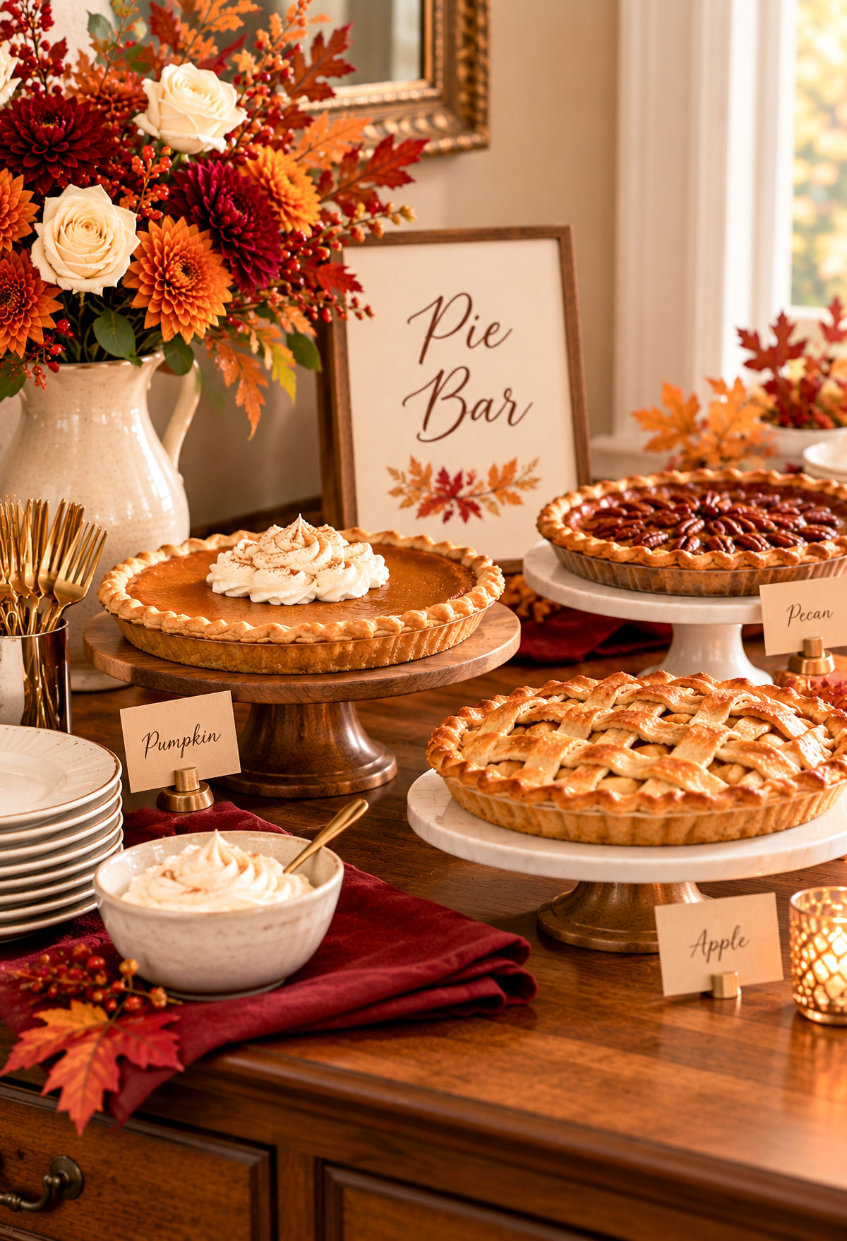 Thanksgiving baby shower pie bar with pumpkin, apple and pecan pies on serving stands, whipped cream, gold forks and autumn decorations