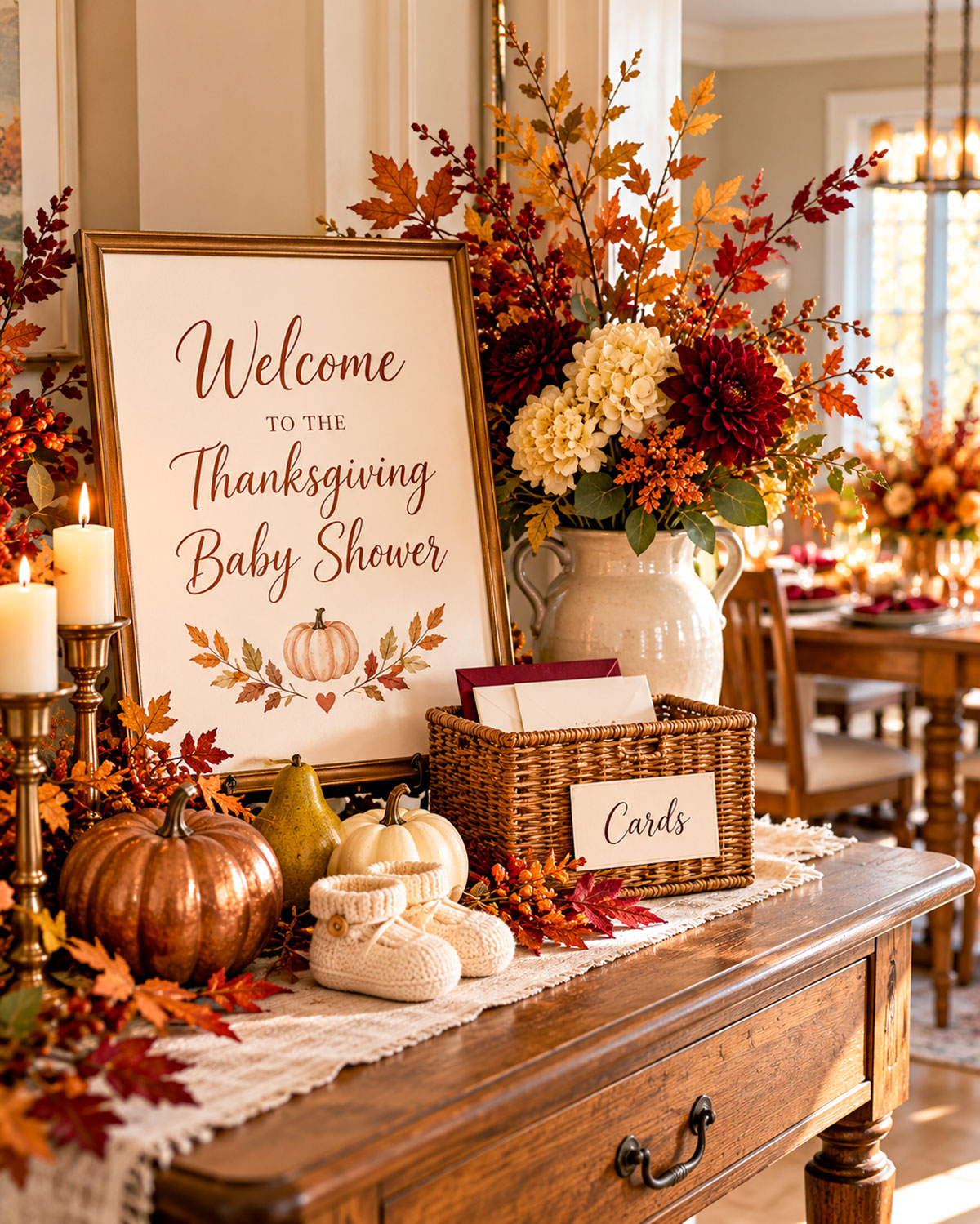 Elegant Thanksgiving baby shower dining table with ivory plates, burgundy napkins, golden pears, candles and a traditional autumn floral centerpiece