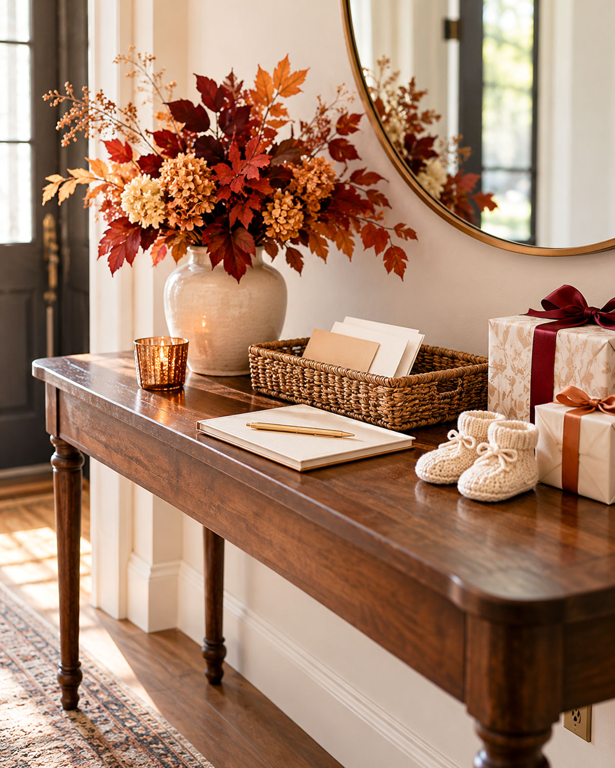 Elegant Thanksgiving baby shower welcome table with framed shower sign, autumn branches, a woven card basket and small knitted baby booties
