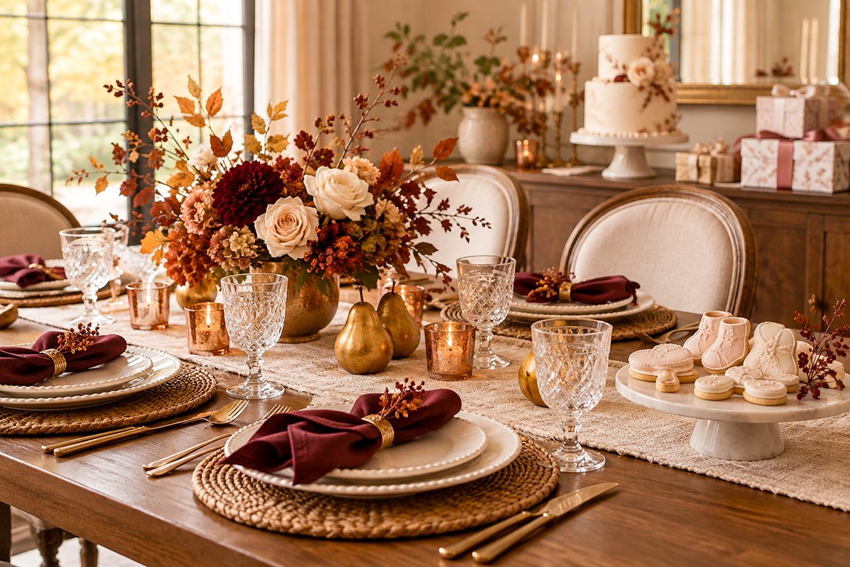 Elegant Thanksgiving baby shower table with burgundy napkins, autumn floral centerpiece, golden pears, baby shoe cookies, decorated cake and wrapped gifts.