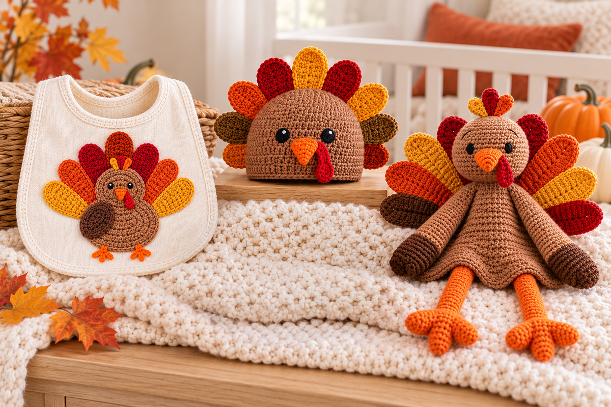 Collection of handmade Thanksgiving crochet patterns for babies including turkey and pumpkin crochet projects