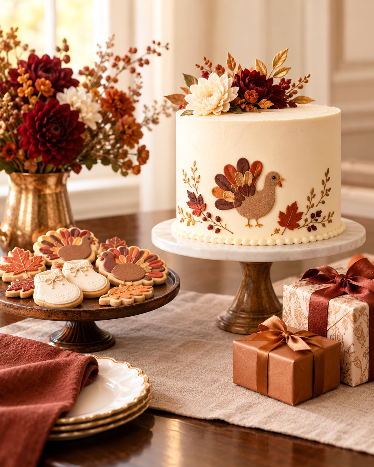 Tasteful Little Turkey Thanksgiving baby shower display with an ivory cake decorated with a small turkey design, autumn-colored favors and a simple burgundy backdrop