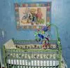 Baby boy's teddy bear nursery theme with blue jean denim blue wall painting technique.