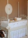Tan and White Nursery Crib Linens in Damask Pattern