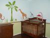 Neutral Green Jungle Safari Baby Nursery Wall Decorating Painting Idea with Elephants, Giraffes, Palm Trees and Lizards 