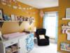 Our girls' nursery walls are mustard yellow color with cheerful turquoise blue and white curtains