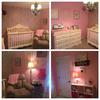 Our baby girl's nursery is elegantly decorated in pink with metallic gold damask wallpaper  