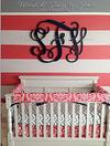 Watermelon Pink, Black and Gray Baby Girl Nursery w Pink and White Wall Stripes and a Large Wooden Wall Monogram by Jamie Givens