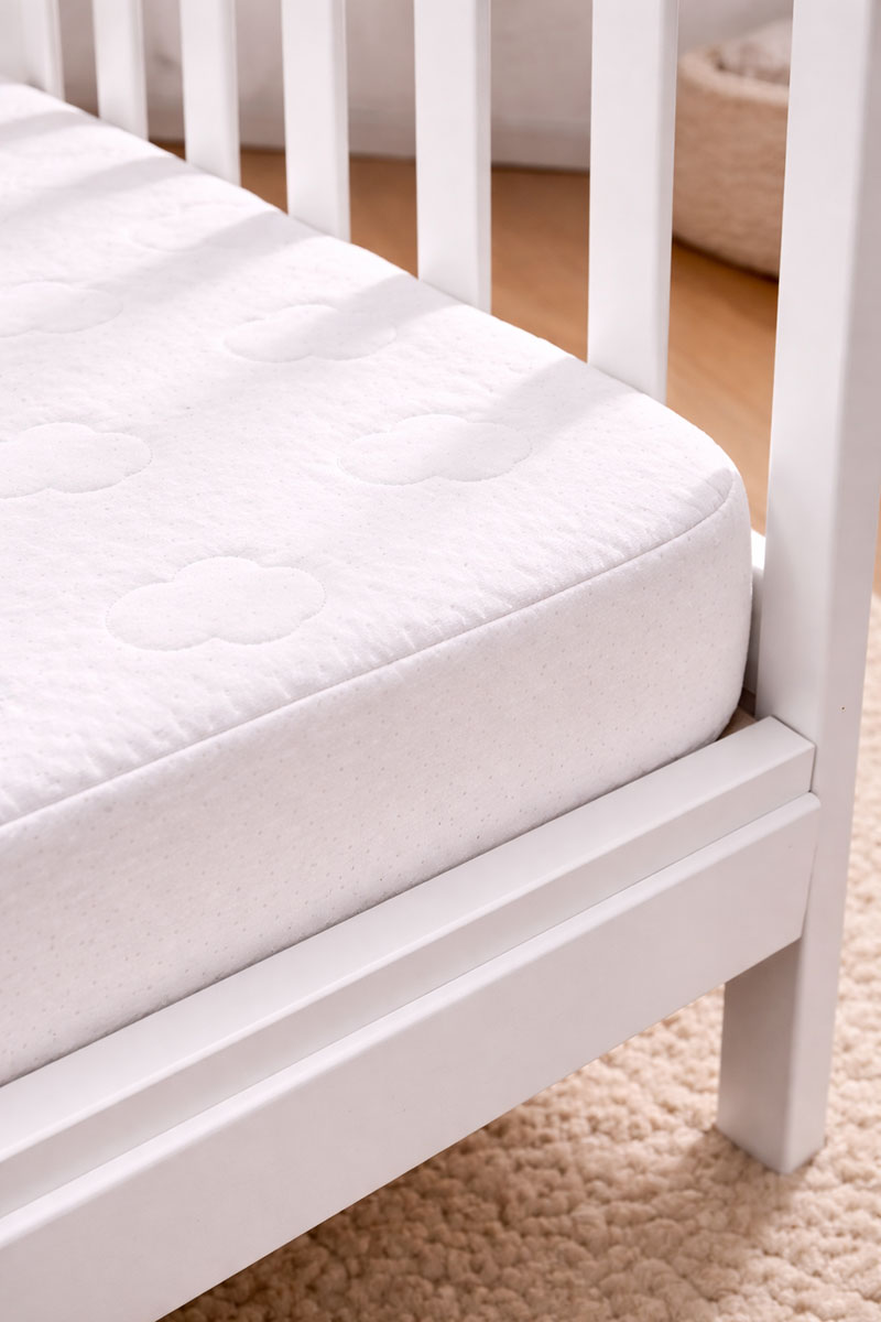 Crib mattress properly fitted with no visible gaps along edges