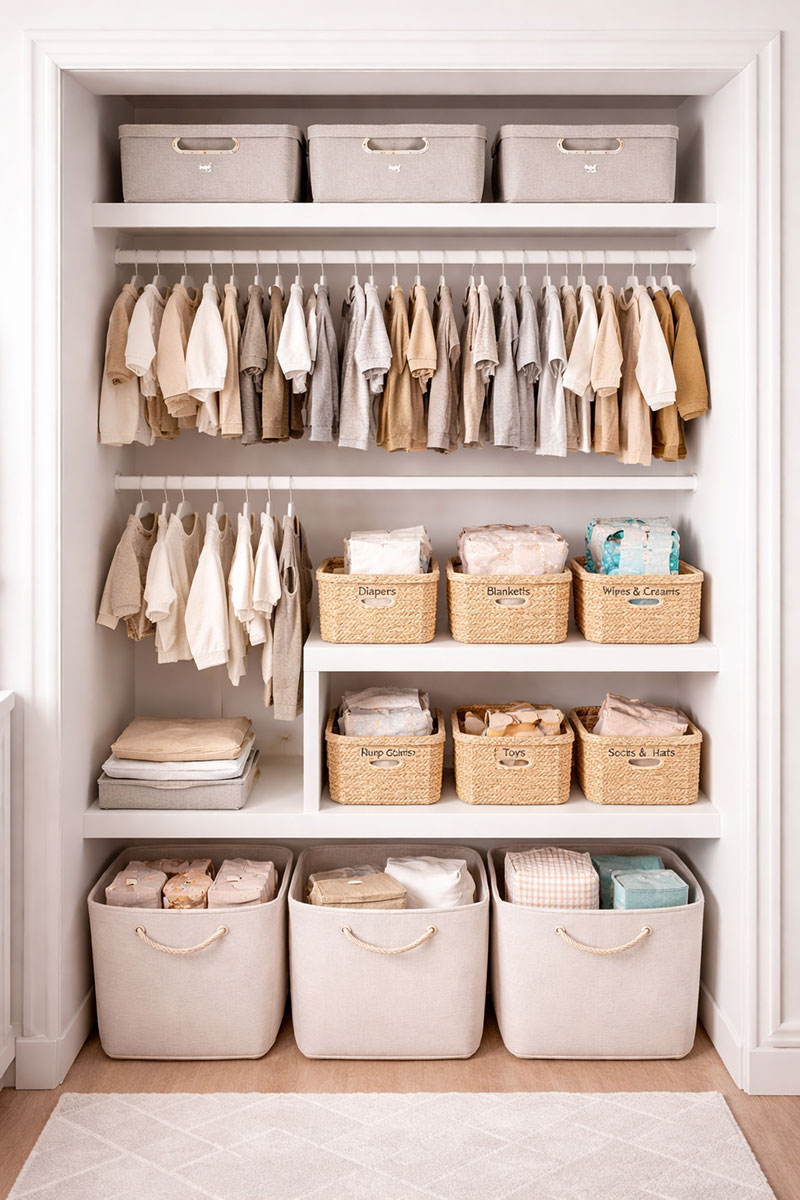 Tiny baby closet organized with labeled bins shelves and hanging baby clothes in a small nursery