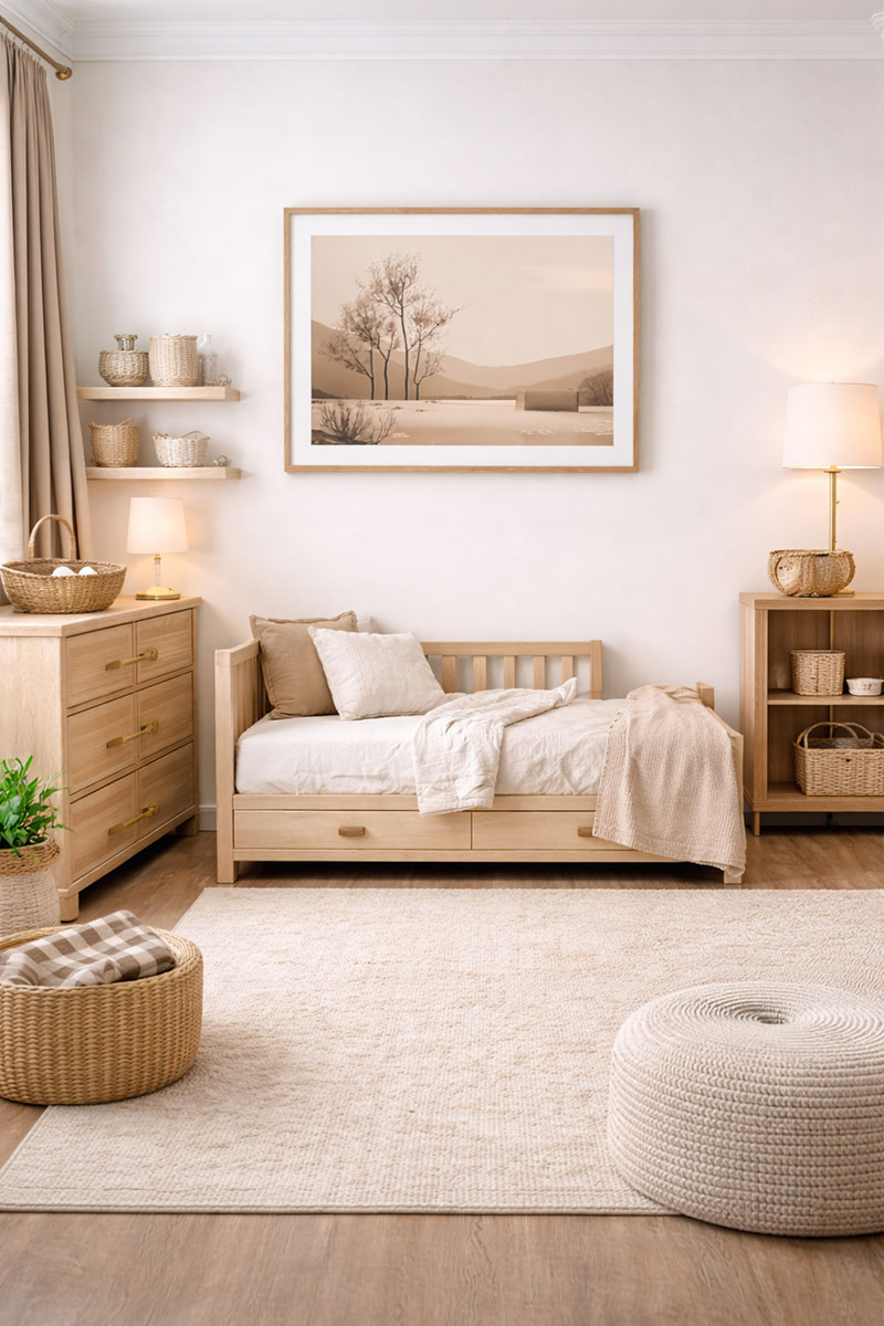 Neutral nursery transitioning into toddler bed with layered decor