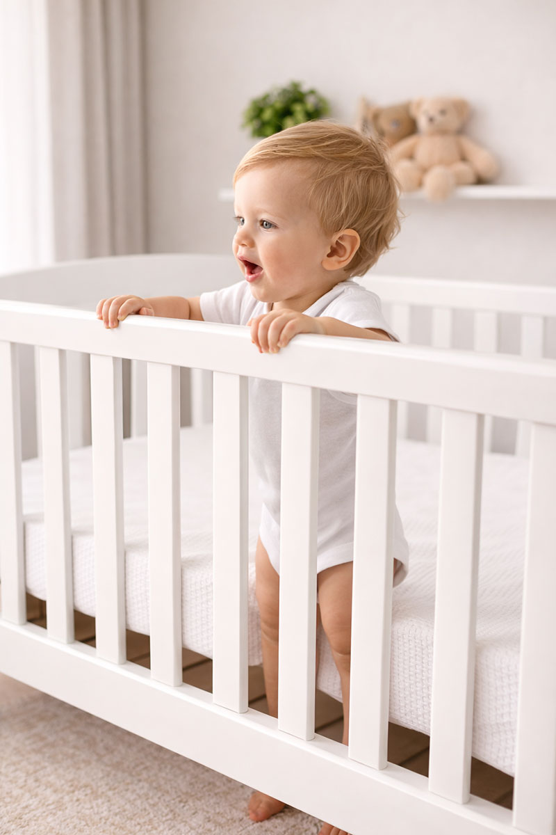 Toddler standing in a crib holding the top rail and looking over the edge