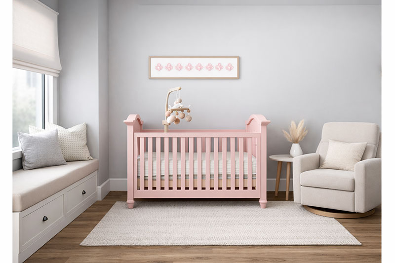 Transitional baby nursery with a crib painted pink.