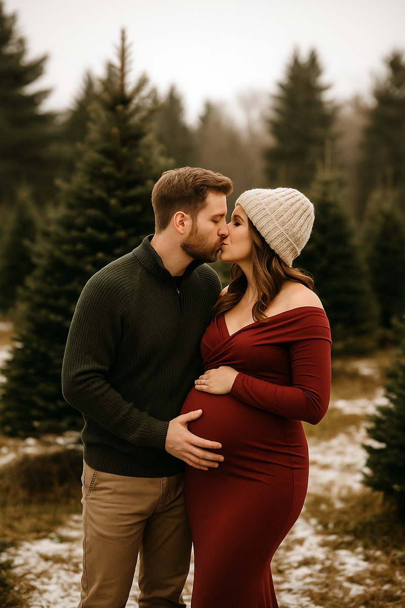 Expecting couple sharing a kiss at a tree farm during a holiday maternity session.