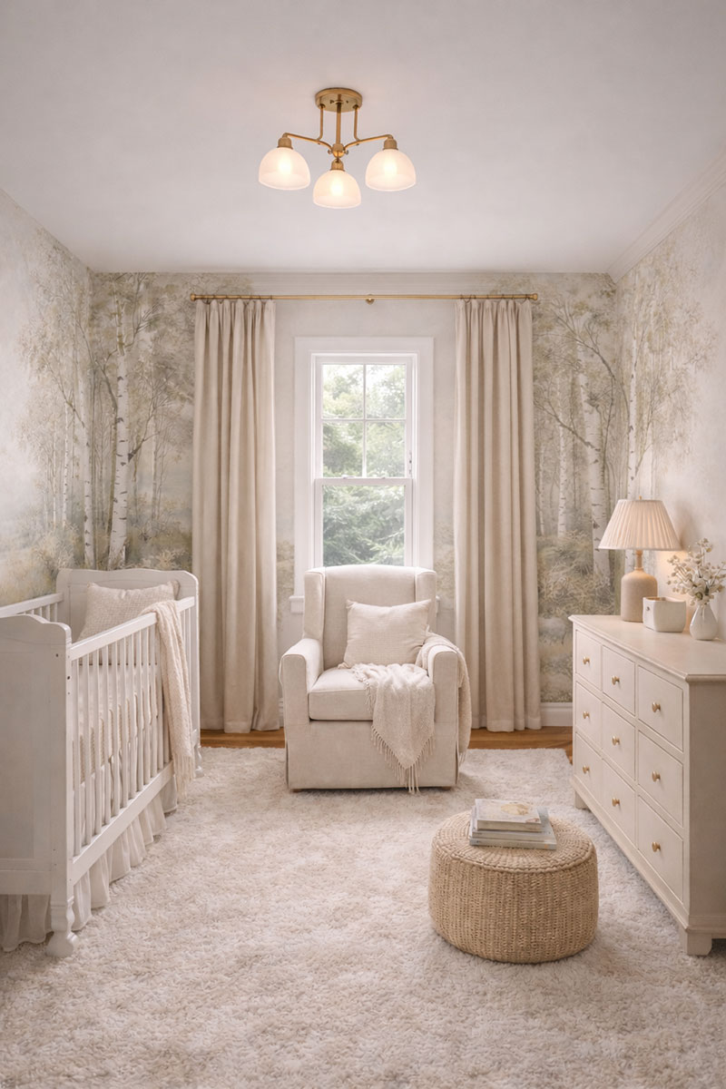 Soft birch tree mural nursery wall with light neutral decor and a simple crib