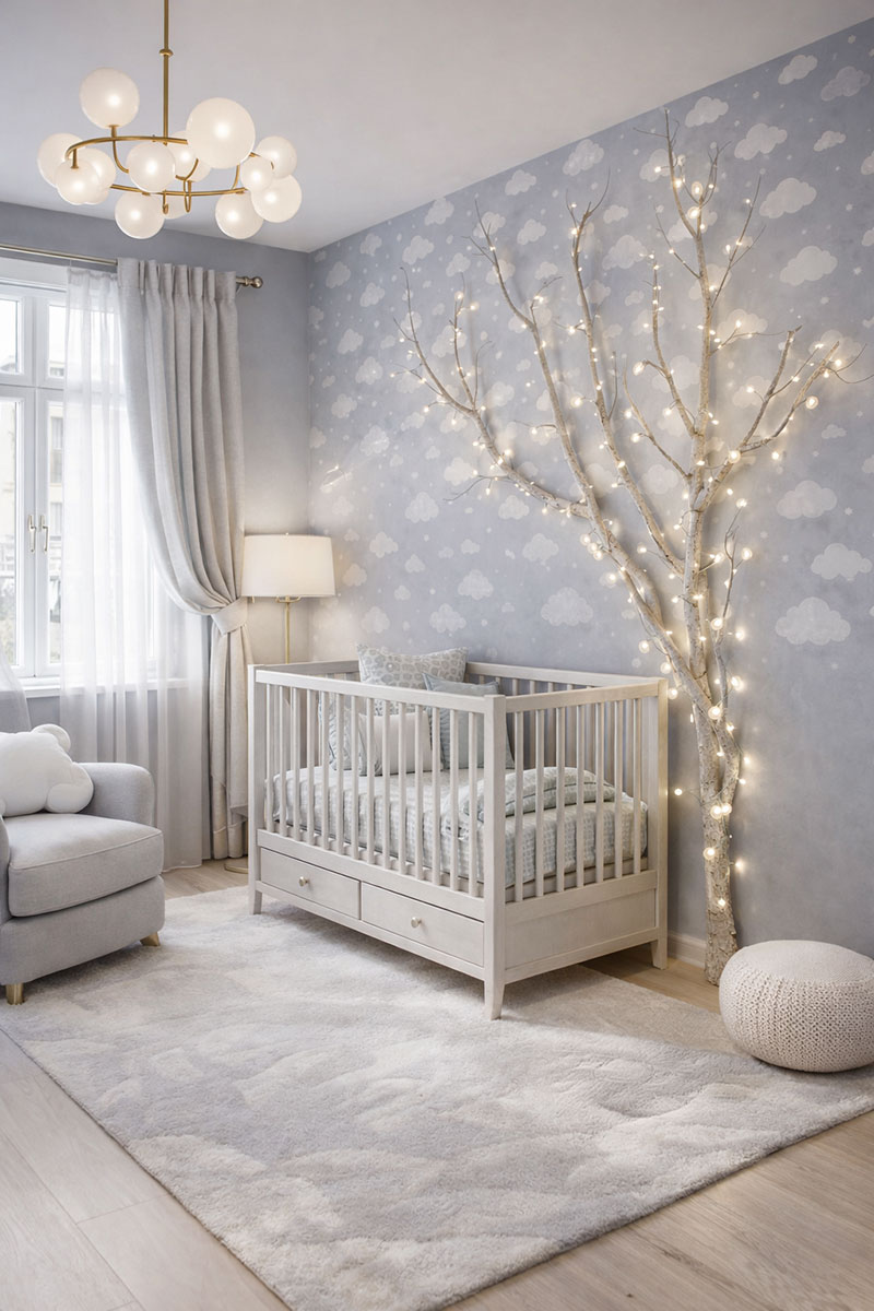 Elegant cloud-themed baby nursery with illuminated tree wall lights and soft neutral decor