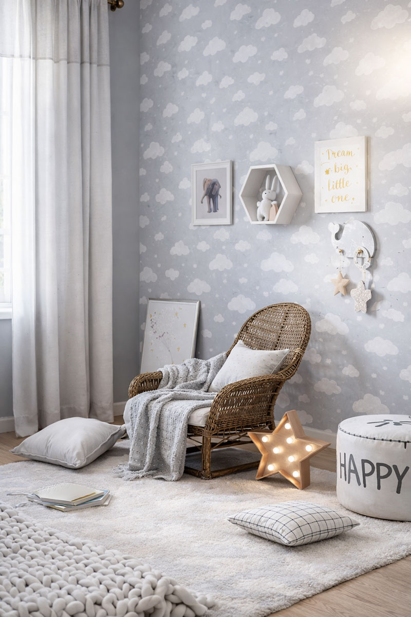 Cloud-themed baby nursery reading nook with wicker chair, soft neutral textures, and star accent lighting