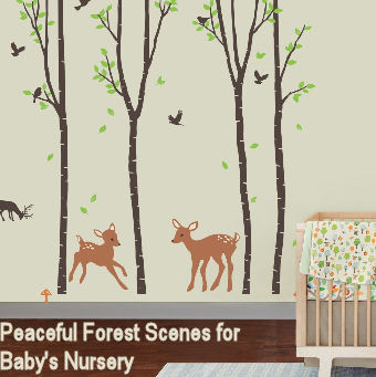 A wall decal forest filled with trees birds and whitetail deer