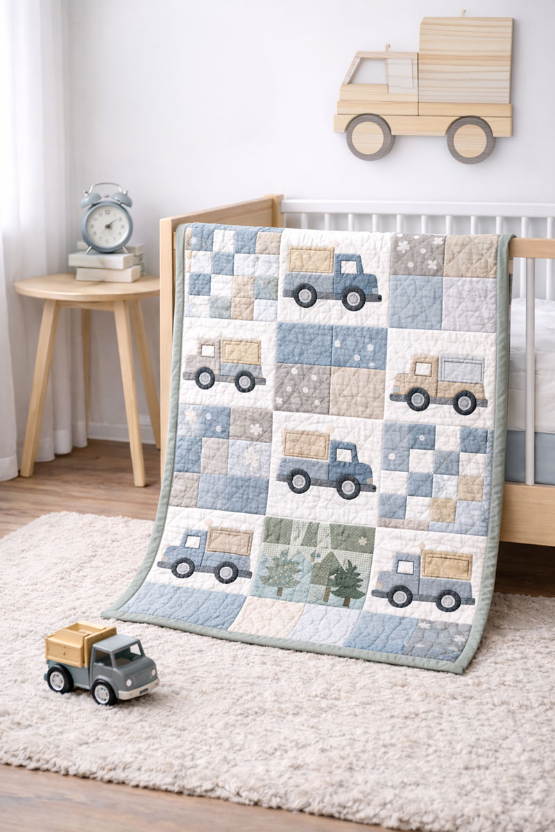 Subtle truck baby boy crib quilt pattern in modern nursery colors