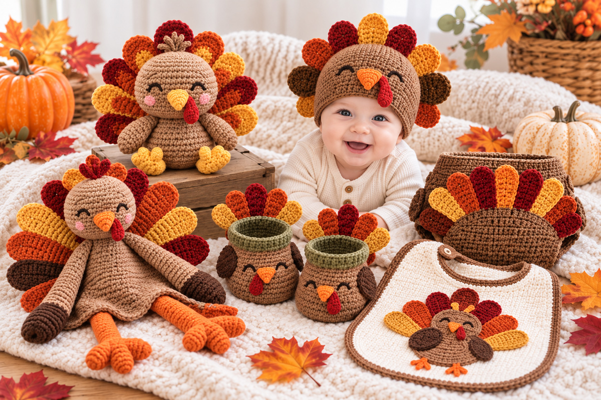 Turkey crochet patterns collection featuring a crochet turkey, baby bib, hat, booties and other Thanksgiving crochet projects