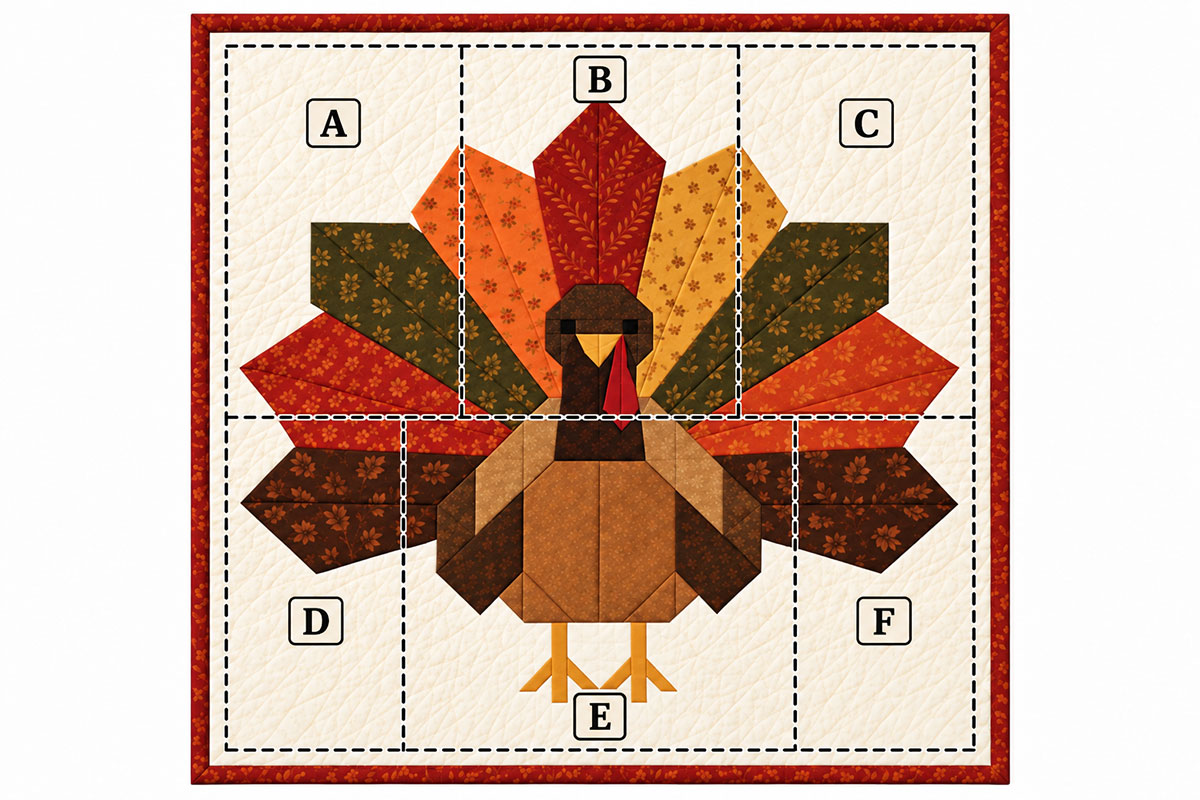 Visual guide to the six main construction sections of the turkey quilt wall hanging with nine feather fan body wings and legs