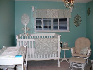 Turquoise Black and White Baby Nursery Decor with Damask Print Crib Bedding for a Prince or  a Princess