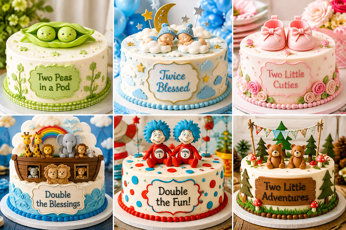 Twin baby shower cake featuring a paired theme for celebrating two babies