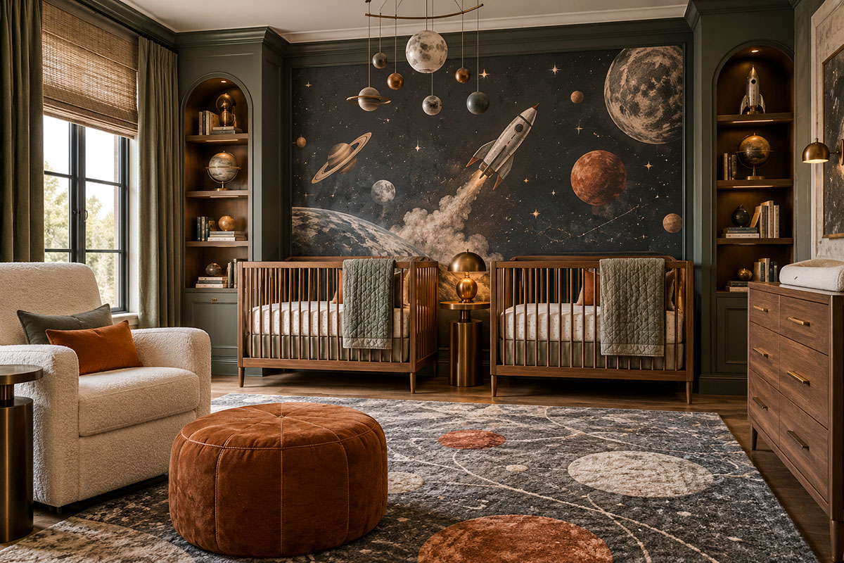 Twin boy outer space nursery with two wood cribs rocket ship mural planets moon and dark celestial wall decor