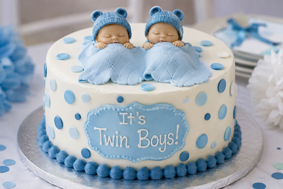 Twin boys baby shower cake in blue, white and soft sage with paired baby decorations