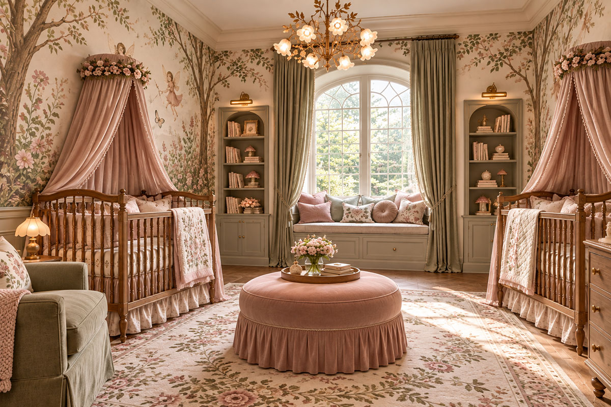 Vintage flower fairy twin girl nursery with two wood cribs blush canopies woodland mural and soft sage and rose decor