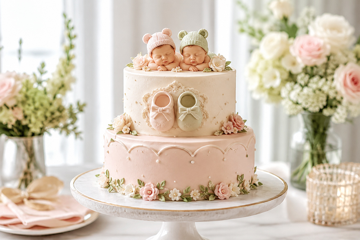 Elegant two-tier twin girls baby shower cake with sleeping baby toppers, fondant booties and delicate flowers
