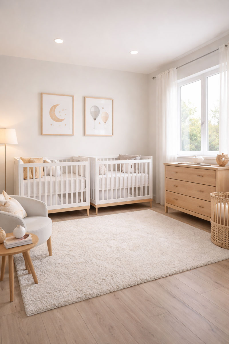 Twin nursery layout ideas with two cribs arranged in a modern baby room with clear walking space