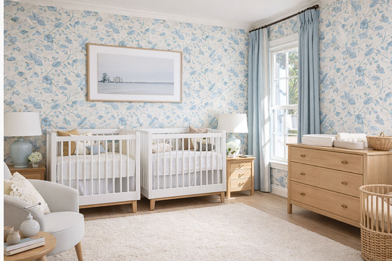 Twin nursery layout with two cribs placed along the same wall and open floor space