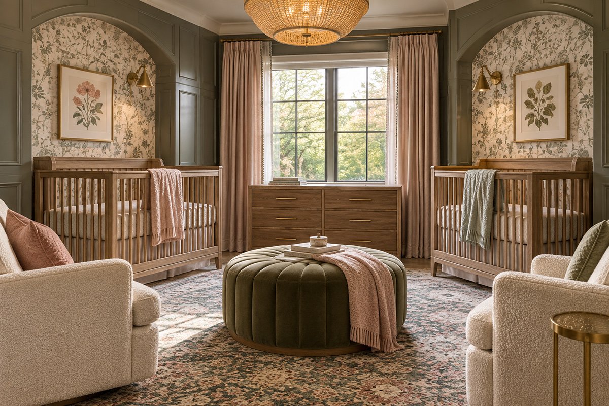 Twin nursery pictures showing a beautifully decorated room with two cribs coordinated colors and distinct details for each baby