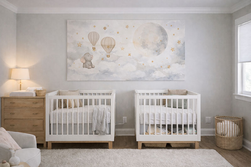 Twin nursery setup showing safe crib spacing and anchored furniture