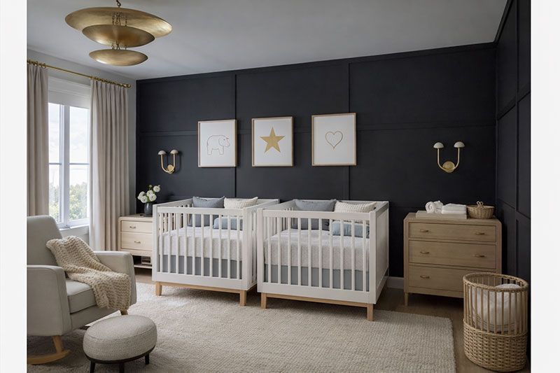Twin nursery layout in a small room with two compact cribs and simple storage
