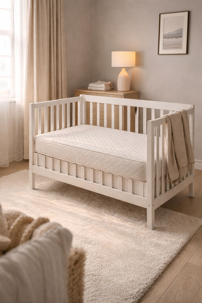 Different types of crib mattresses including foam, innerspring, organic, and dual firmness shown side by side in a clean nursery setting
