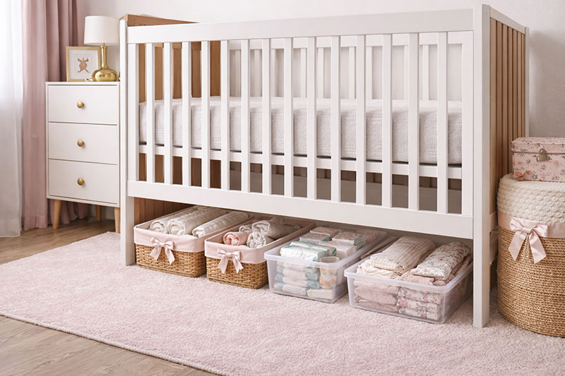 Low profile storage bins neatly arranged under a crib in a small nursery