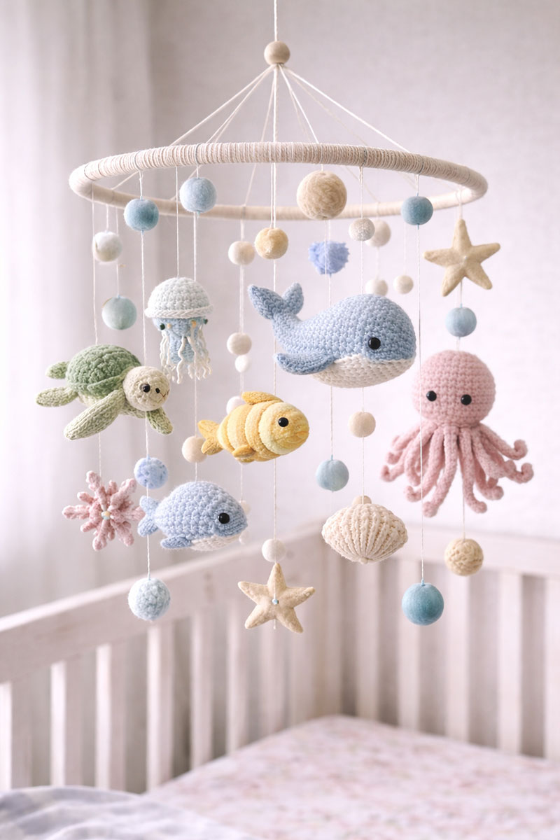 Under the sea crib mobile with mixed ocean shapes in nursery