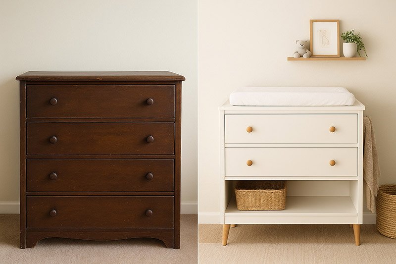 Upcycled old brown wooden dresser before and after picture