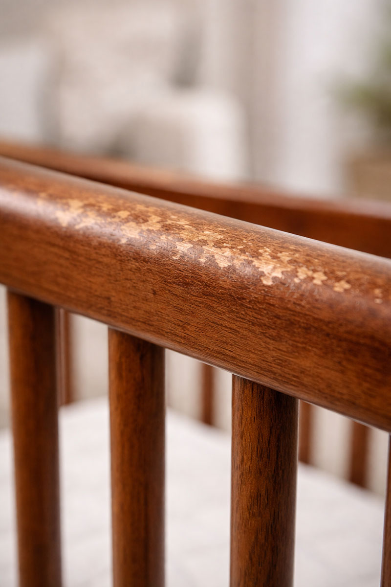 Close-up of a used baby crib rail showing light chew marks, finish wear, and surface aging on the top rail