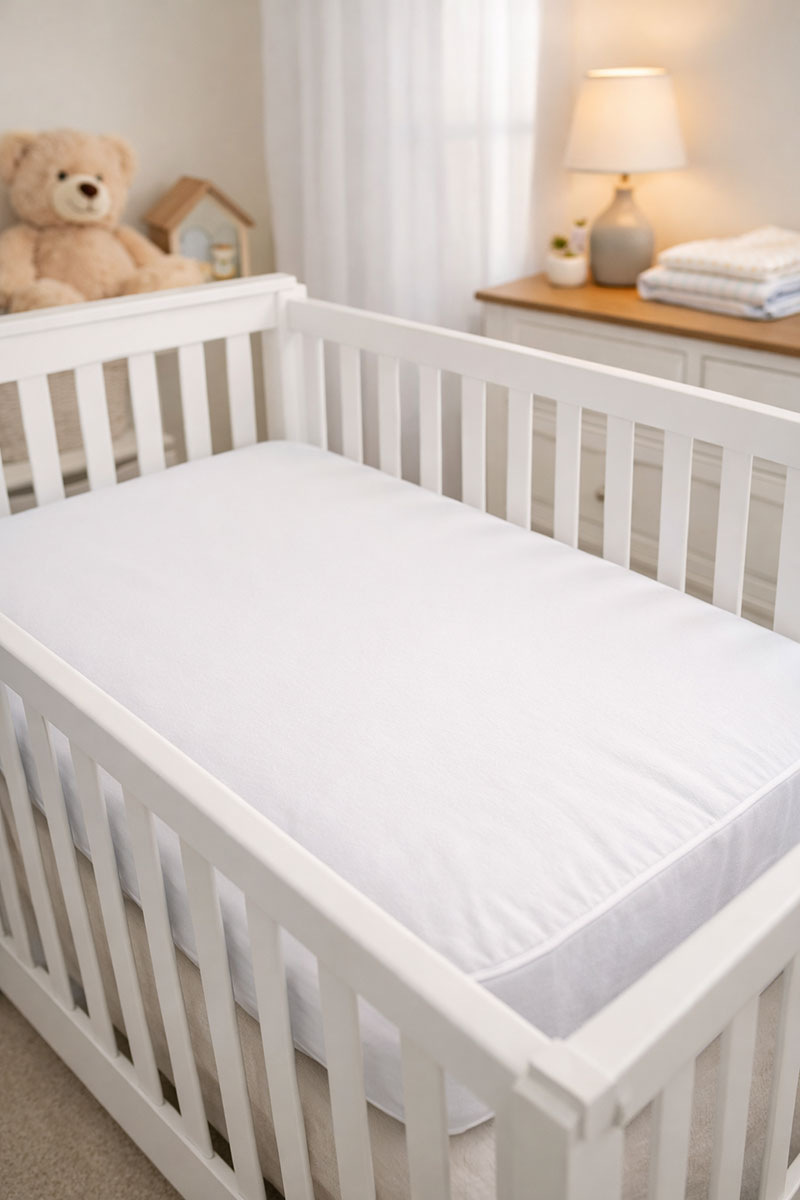 Firm crib mattress with tight fitted sheet inside a baby crib, showing infant sleep area