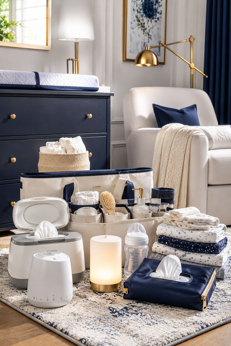 useful unique baby gifts displayed beside a nursery chair and dresser