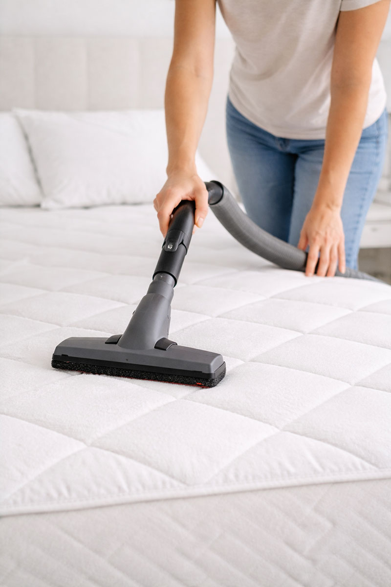 Vacuuming a mattress surface to remove dust and debris
