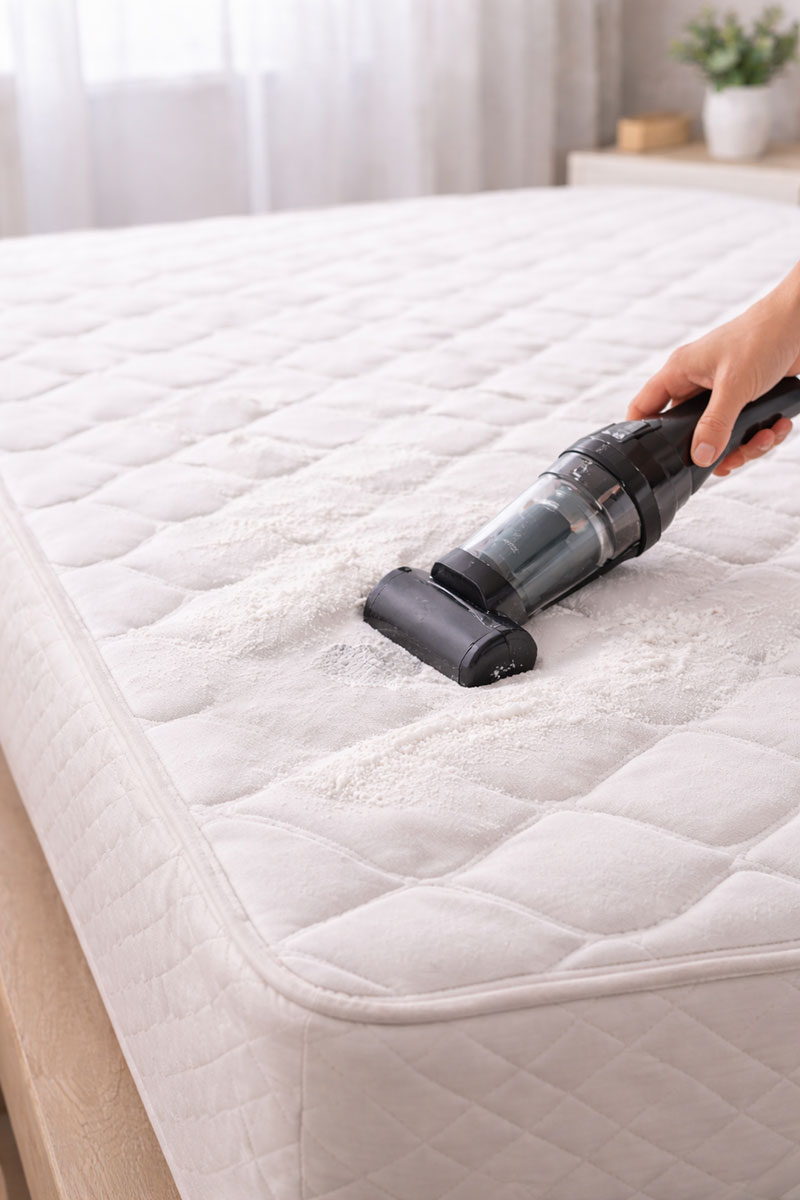 vacuum lifting baking soda from mattress surface after deodorizing treatment